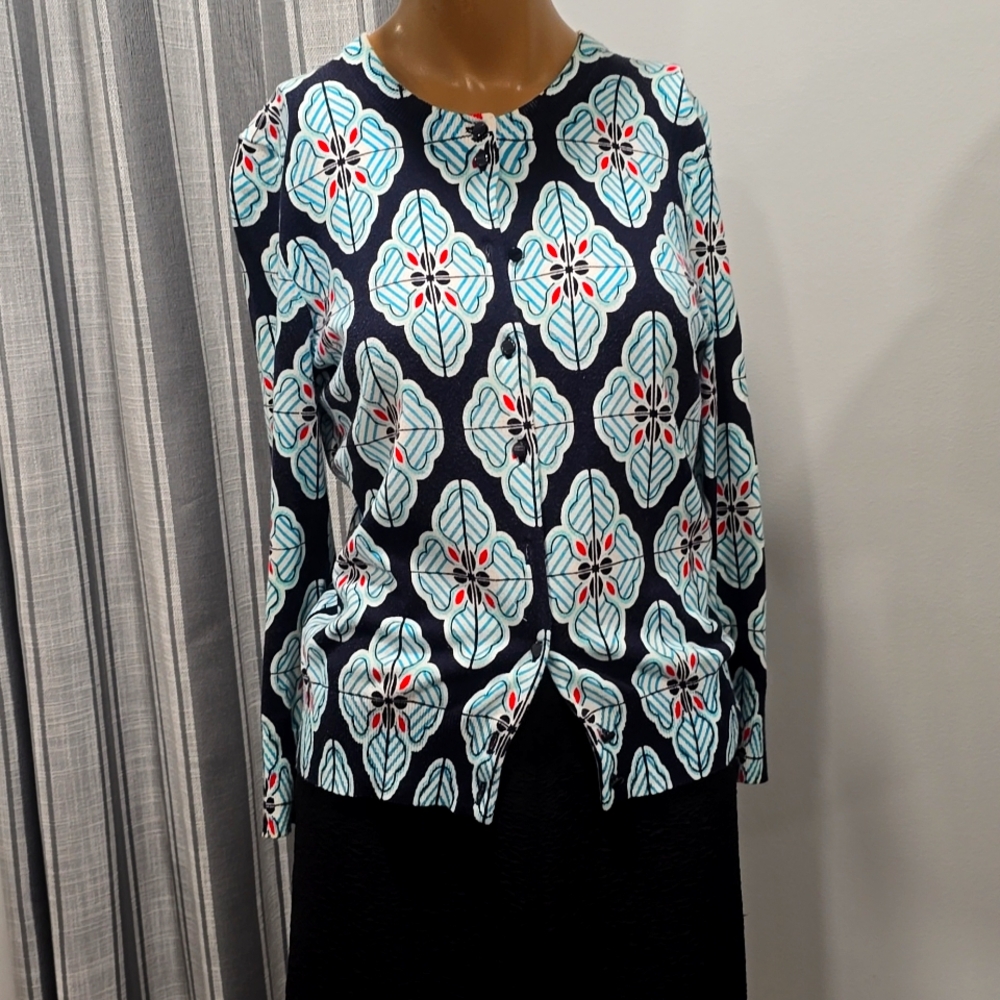 829 Crown and Ivy Women's Blue & White Floral Long Sleeve  Cardigan Med